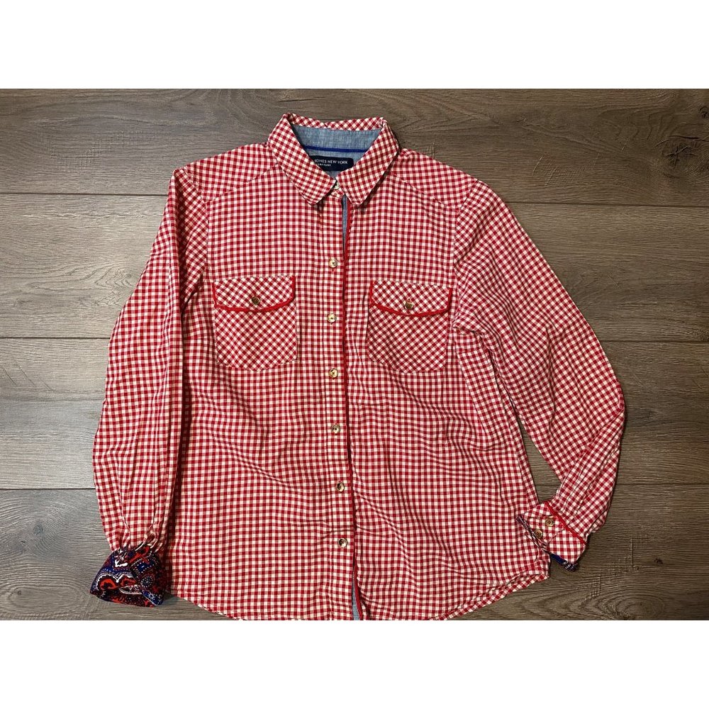 Jones New York women’s red western  checkered button down shirt
